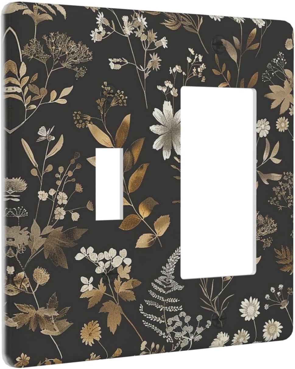 Outlet Covers Black Gold Floral Dark Leaves Vintage Flowers 1 Toggle 1 Rocker Combination Decorative Wall Plate Electrical Switch Plates Light Switch Cover Plate for Bed Room Home Decor