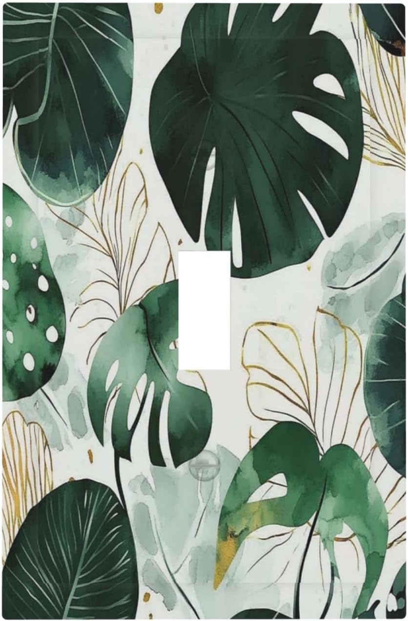 Boho Tropical Green Leaf Watercolor Banana Leaves Decorative Light Switch Cover 1 Gang Single Toggle Device Electrical Faceplate Switchplates Decorator Outlet Wall Plate For Bed Room Living Room Decor