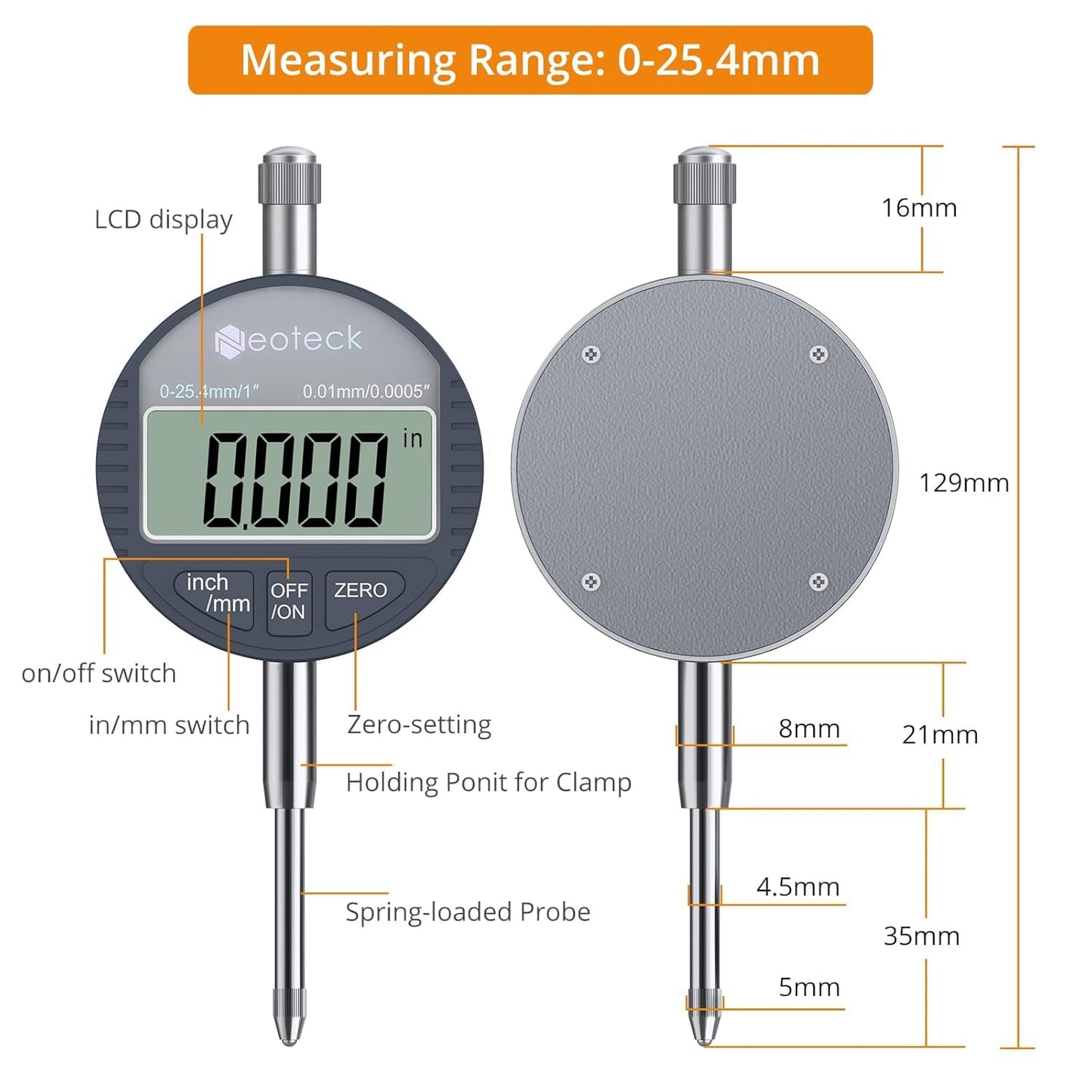 Neoteck Digital Dial Indicator Gauge and Magnetic Base Set with Storage Case 0-1 inch/ 25.4mm, 0.0005inch/0.01mm Inch/Metric Conversion Measuring Tool for 3D Printer Lathe Workshop Woodworking-Silver