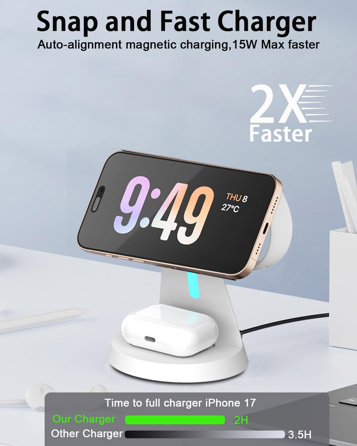 3 in 1 Wireless Charging Station for Apple Magsafe Charger Stand,Fast Magnetic Wireless Charger Station for iPhone 17 Air 16 15 14 13 12 Series,Airpods,Apple Watch