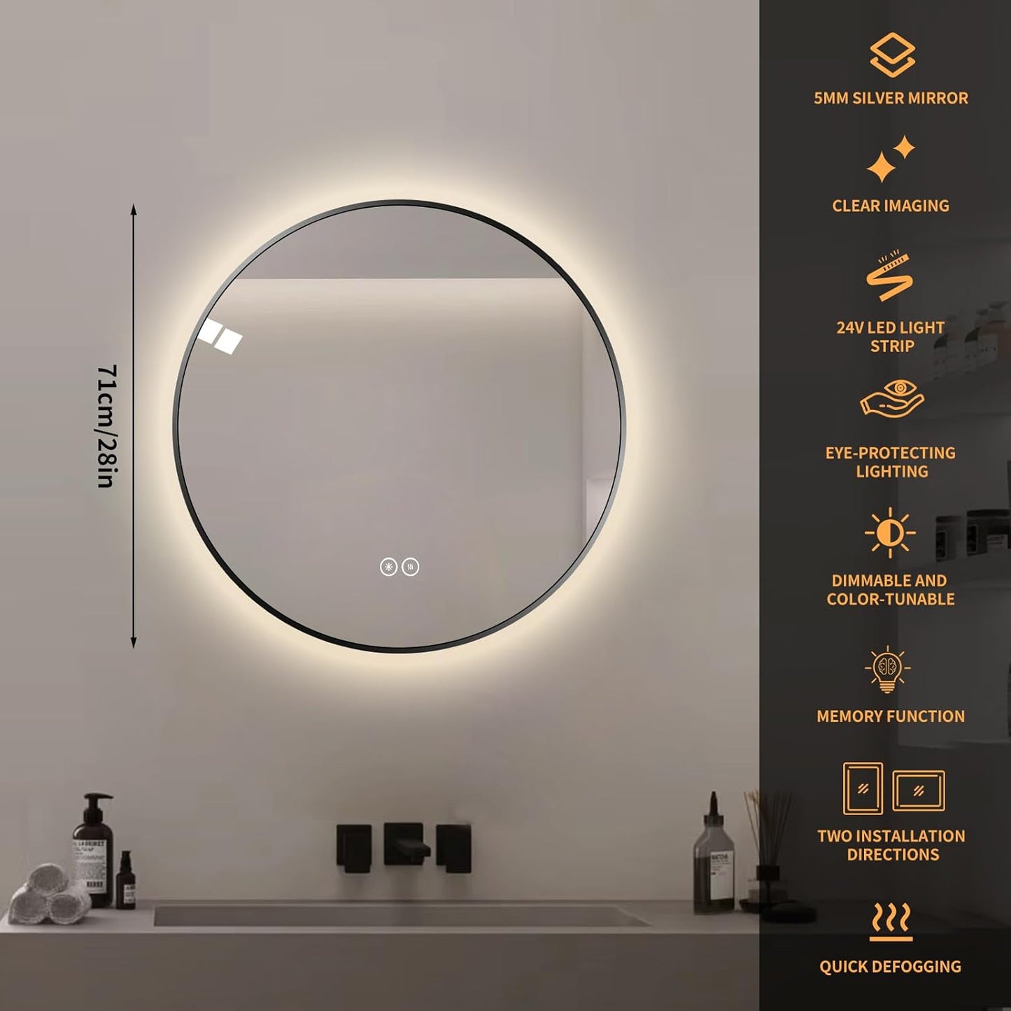Round LED Bathroom Mirror with Gold Frame, 24V Backlight, 3 Color Temperatures, Dimmable, Memory Function, Defogging (Black Border, 28" L x 28" W)