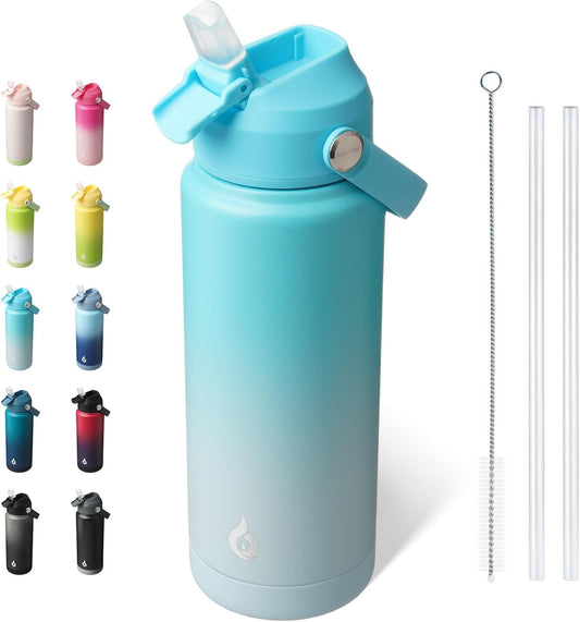 BJPKPK Water Bottle with Straw Lid, 24oz Vacuum Insulated Water Bottles, Metal Stainless Steel Thermo for Sports, Travel, BPA Free Leak Proof Thermo, Cups, Flasks, Tumblers,Sea Salt