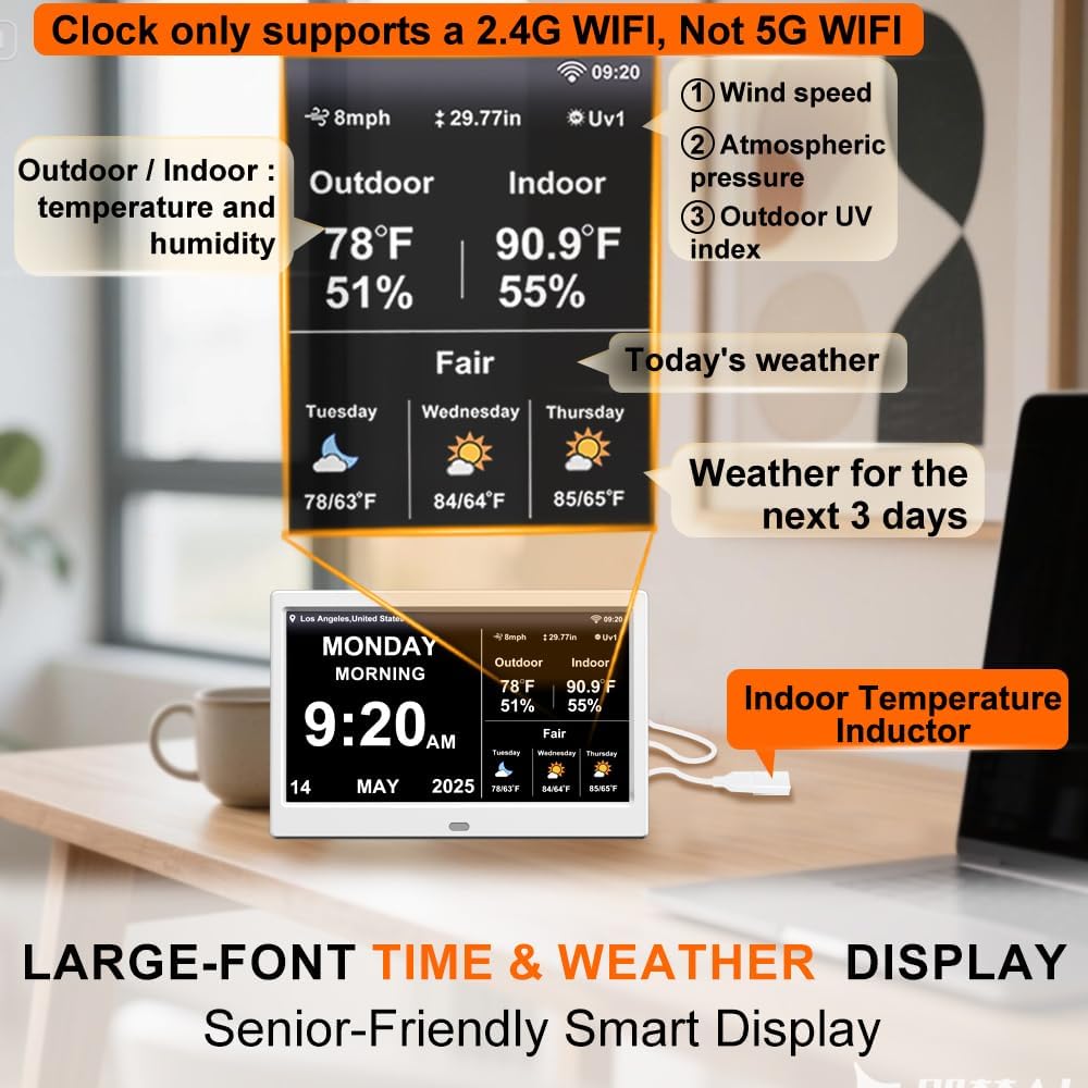 2025 Digital Clock with Weather Forecast & Temperature/Humidity Large Display,Auto Time Sync, Custom Alarms & Medication Reminders, Elderly Memory Loss (White, 10.1 Inch)