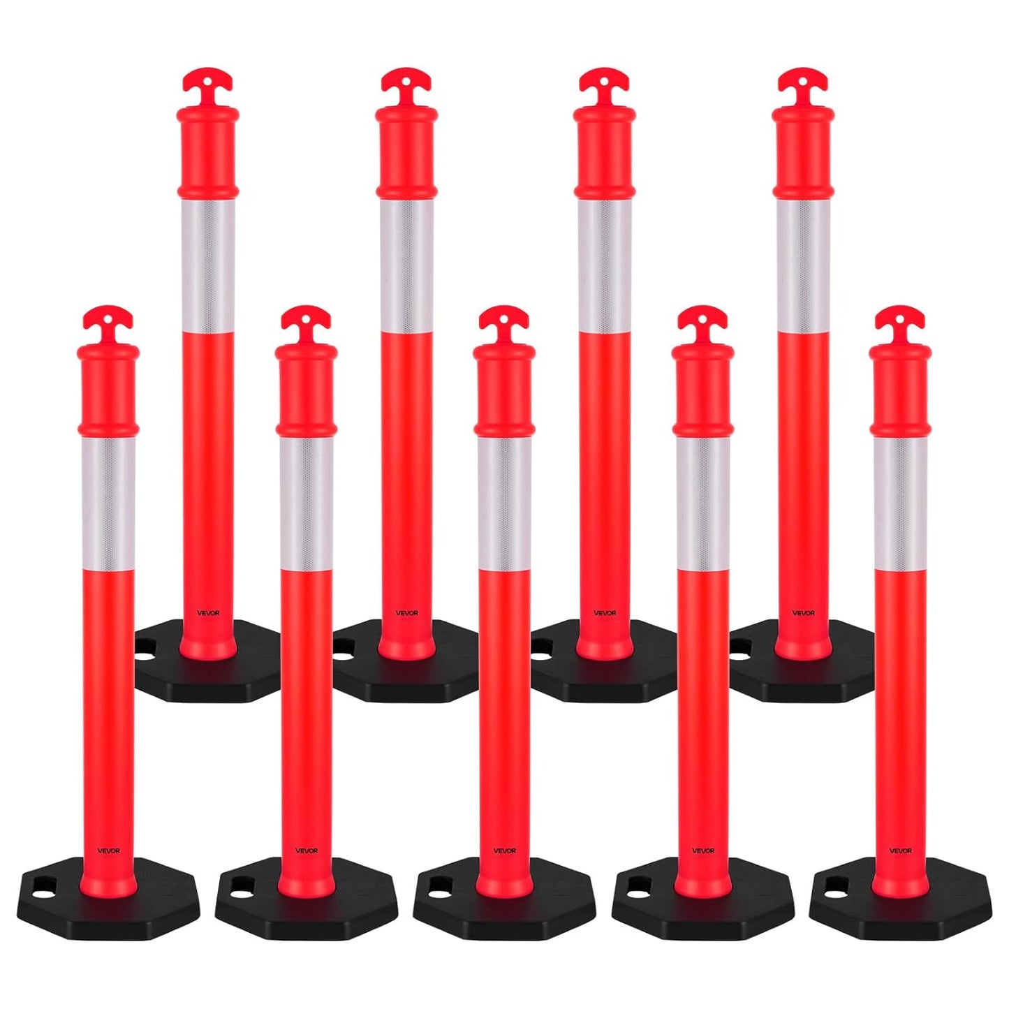 VEVOR 9 Pack Traffic Delineator Posts, 48 inches Traffic Safety Cones with Weighted Base and Reflective Strips, Heavy Duty Delineator Posts for Construction Site, Parking Lot, Crowd Control, Red