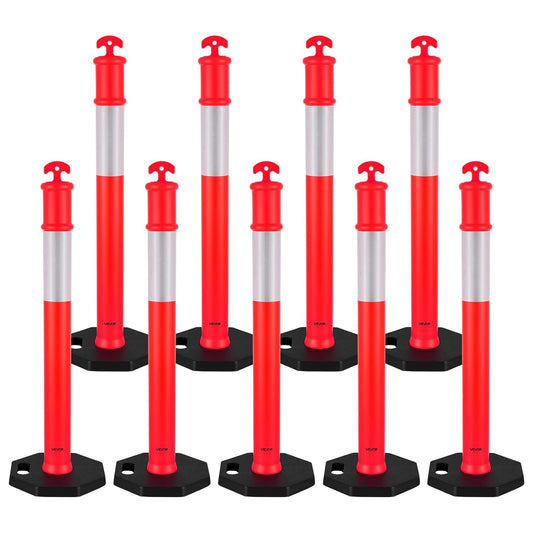 VEVOR 9 Pack Traffic Delineator Posts, 48 inches Traffic Safety Cones with Weighted Base and Reflective Strips, Heavy Duty Delineator Posts for Construction Site, Parking Lot, Crowd Control, Red