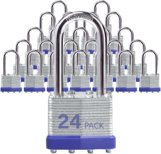Laminated Steel Padlocks, 24 Pack, Blue, Keyed Alike, Long Shackle, for Hasp Latch, Sheds, Fences, Lockers, Schools, Gyms