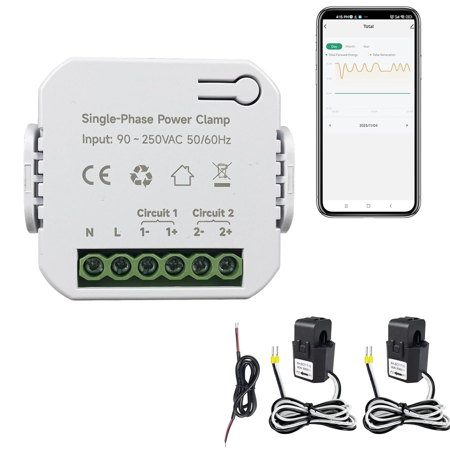 Smart Energy Monitor, Single Phase Clamp Electricity Meter with 2 * 80ACT Current Transformer, WiFi, Real-Time Electricity Monitor/Meter, Solar/Network Metering