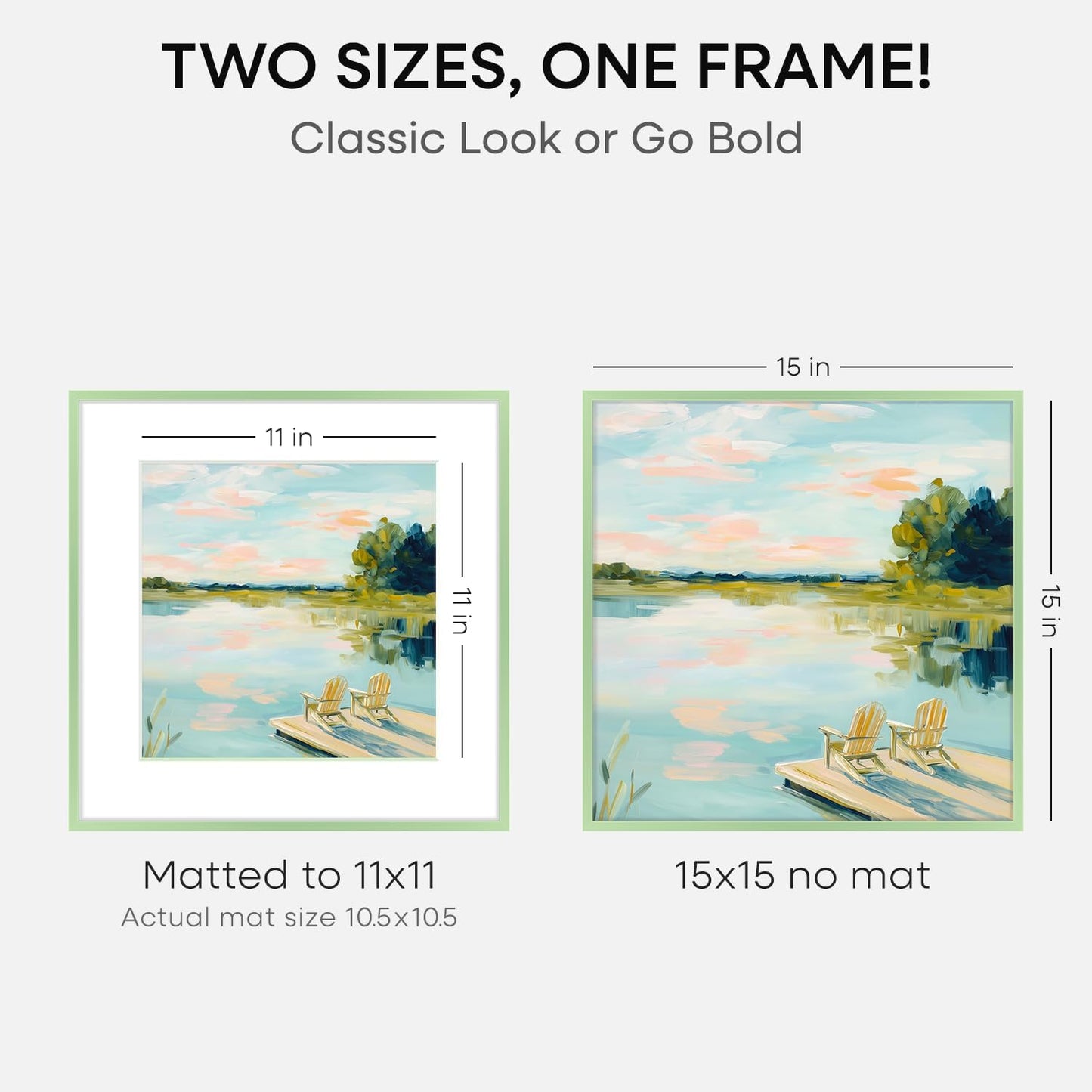 Homeforia 15x15 Picture Frame Sage Green, High End Metal 15 x 15 Square Poster Frames with Mat 11 x 11 Photo, 15x15 Frame Matted to 11x11 Art, 15by15 Hanging Frames, Tempered Glass, Wall Kit, Set of 1