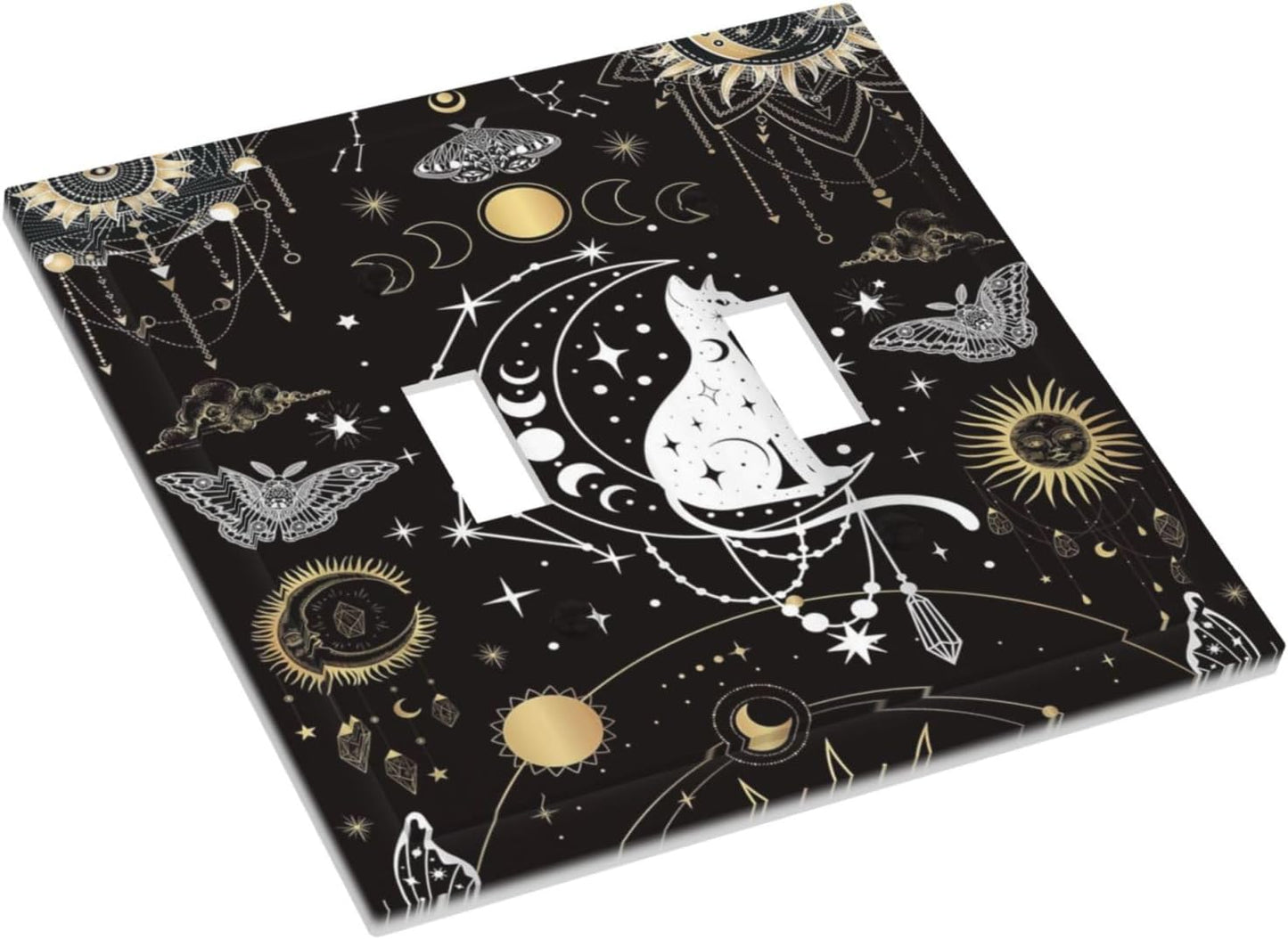 White Cat Tarot Moon Phases Moth Celestial Gothic Decorative Switch Plates 2 Gang Double Toggle Outlet Light Switch Cover Wall Plate Electrical Faceplate for Kids Room Bedroom Decor