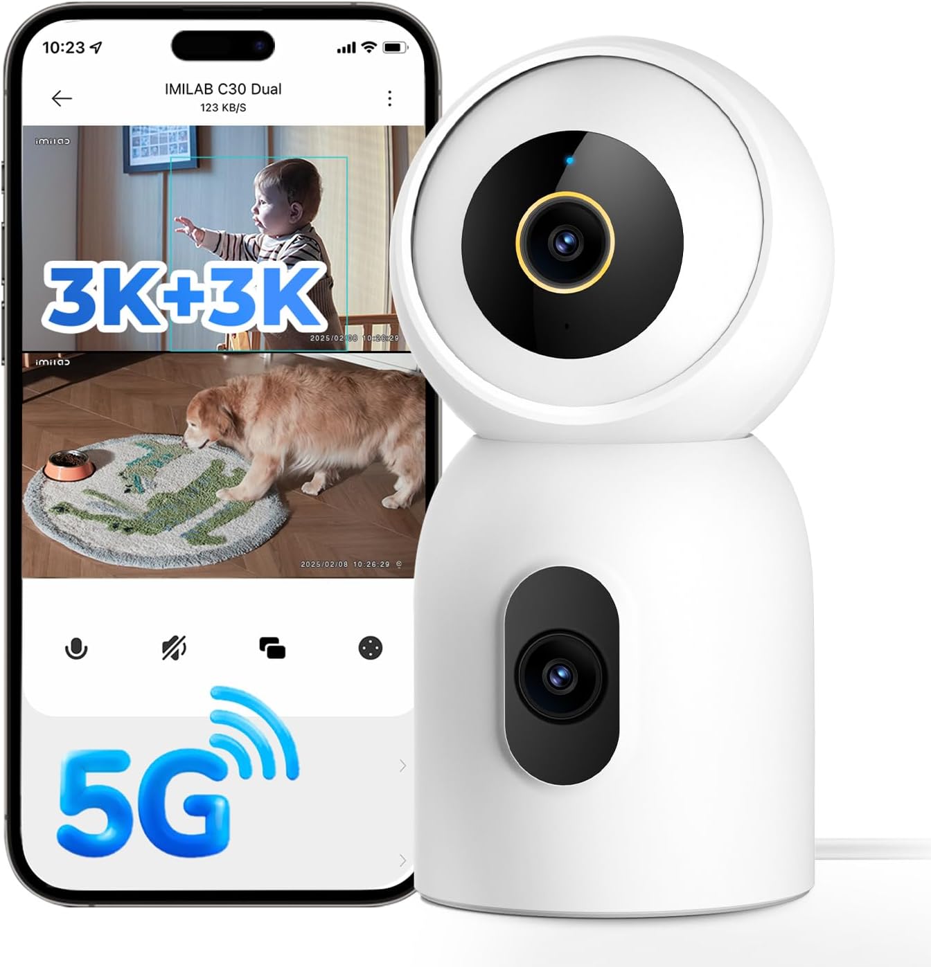 IMILAB C30 Dual Security Camera Indoor, 3K+3K Lens Pet/Baby Monitor Camera, 360° Home/Room Cam for Bedroom, Cry/Smoke/Fire/Person Alerts, App Control, Plug-in 5G WiFi Cam, Wall Mount, No Monthly Fee