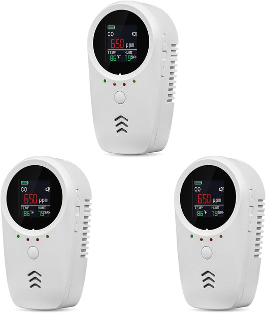 3PCS 5-in-1 Rechargeable Carbon Monoxide & Natural Gas Detectors with Temperature/Humidity LCD Display & 2000mAh Lithium-ion Battery, Portable Plug in Co Detector for Home Travel RV Essentials
