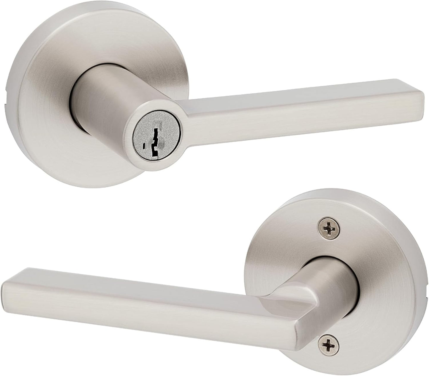 Kwikset Halifax Keyed Storeroom Entry Door Handle with Lock and Key, Secure Keyed Reversible Lever Exterior, Front Entrance and Bedrooms, Satin Nickel, Pick Resistant SMT Rekey Security and Microban