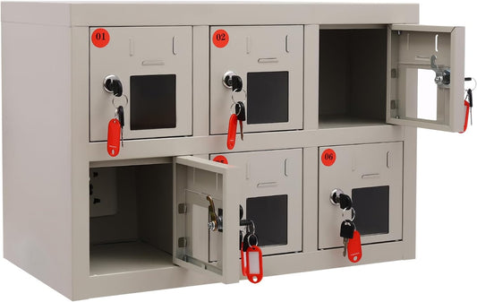 6 Slots Cell Mobile Phone Steel Locker with Lock, Cell Phone Locker with Charging Station, Cellphone Locker for Schools, Conference Rooms, and Offices