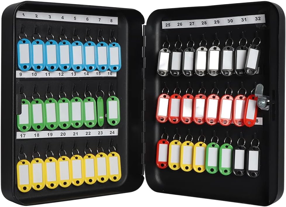 Jssmst Key Lock Box Wall Mount Security Key Storage Box, Locking Key Cabinet Wall Mount with 48 Key Hooks & Tags Key Labels, 11.81 x 9.45 x 2.95 inches, Black Matt