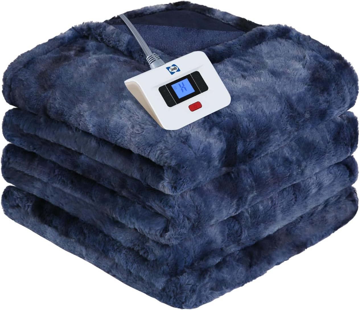 Sealy Electric Blanket Twin Size, Faux Fur & Flannel Heated Blanket with 10 Heating Levels & 1-12 Hours Auto Off, Fast Heating Blanket, Machine Washable, Navy Blue, 62x 84 Inch