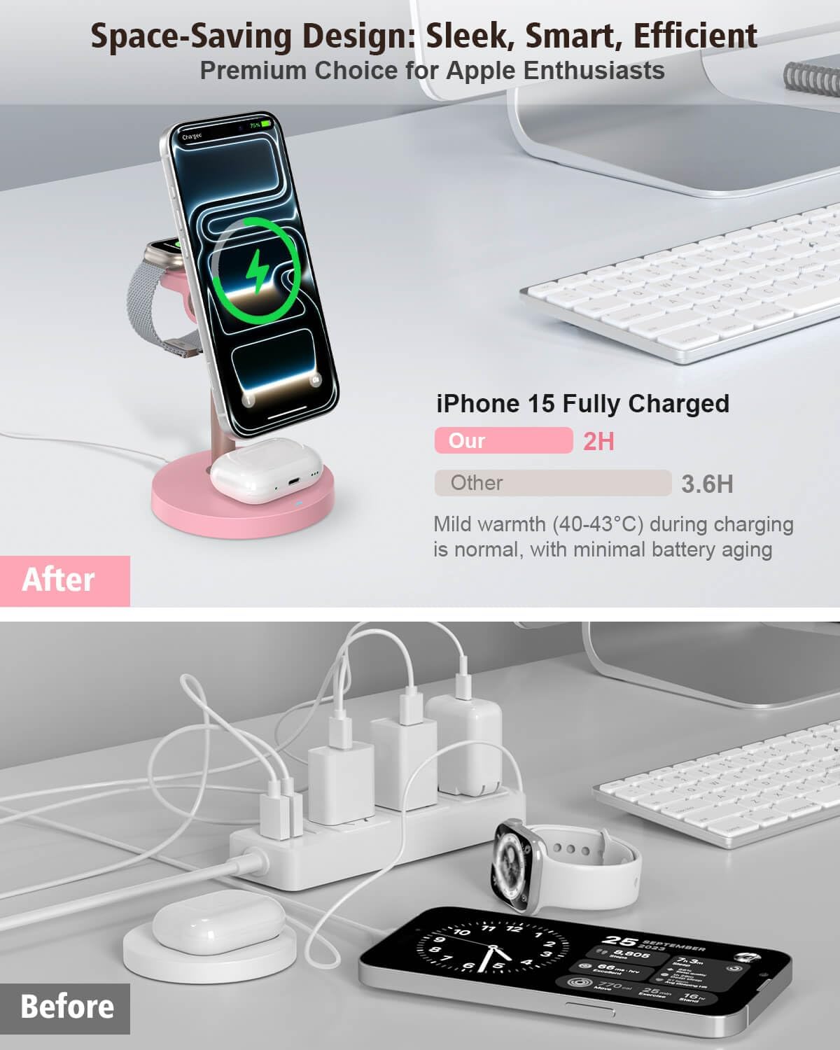 3 in 1 Wireless Charging Station for Apple, 15W Fast Magnetic Charger Stand Wireless Nightstand for Bedrooms, iPhone 17 16 15 14 13 12 Series, Apple Watch, Airpods, Women Gifts (No AC Adapter) Pink
