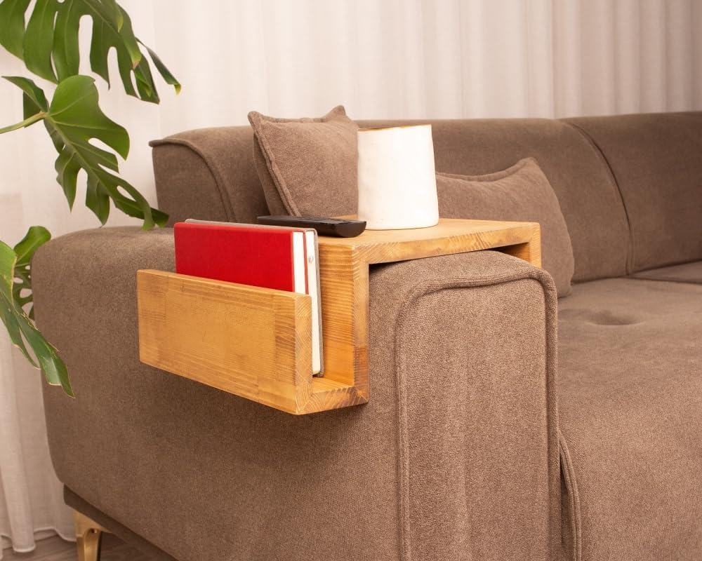Wooden Couch Arm Tray – Sofa Armrest Table with Book & Magazine Holder, Perfect for Coffee & Remote Control, Solid Wood (Madrid)