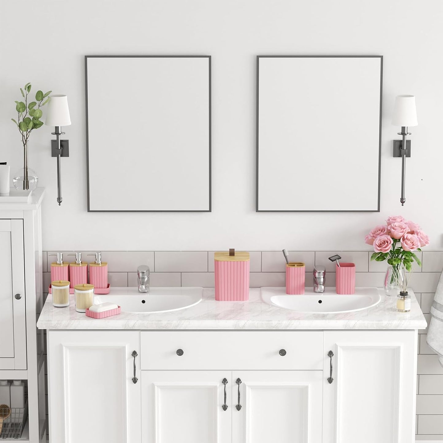 Bathroom Accessory Set - Pink Bathroom Set, 12PC Bathroom Accessories Set, Pink Bathroom Accessories Set, Mini Trash Can, Toilet Brush, Trash Can & Soap Dispenser