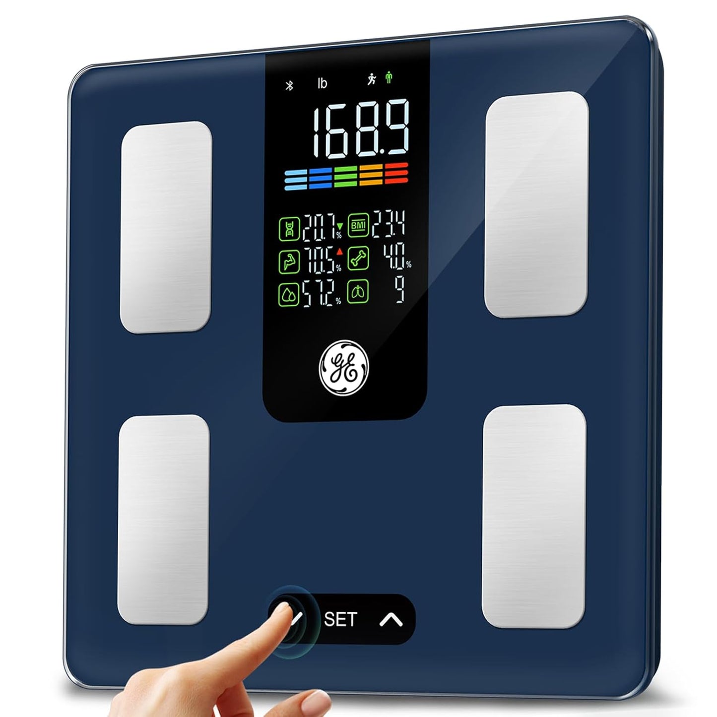 GE Smart Scale for Body Weight, BMI, Body Fat, Muscle Mass, Digital Bathroom Scales 500lbs for Bluetooth Weight Monitor 11.8" Large Platform Weighing Machine Health Analyzer Dark Blue-Button Function