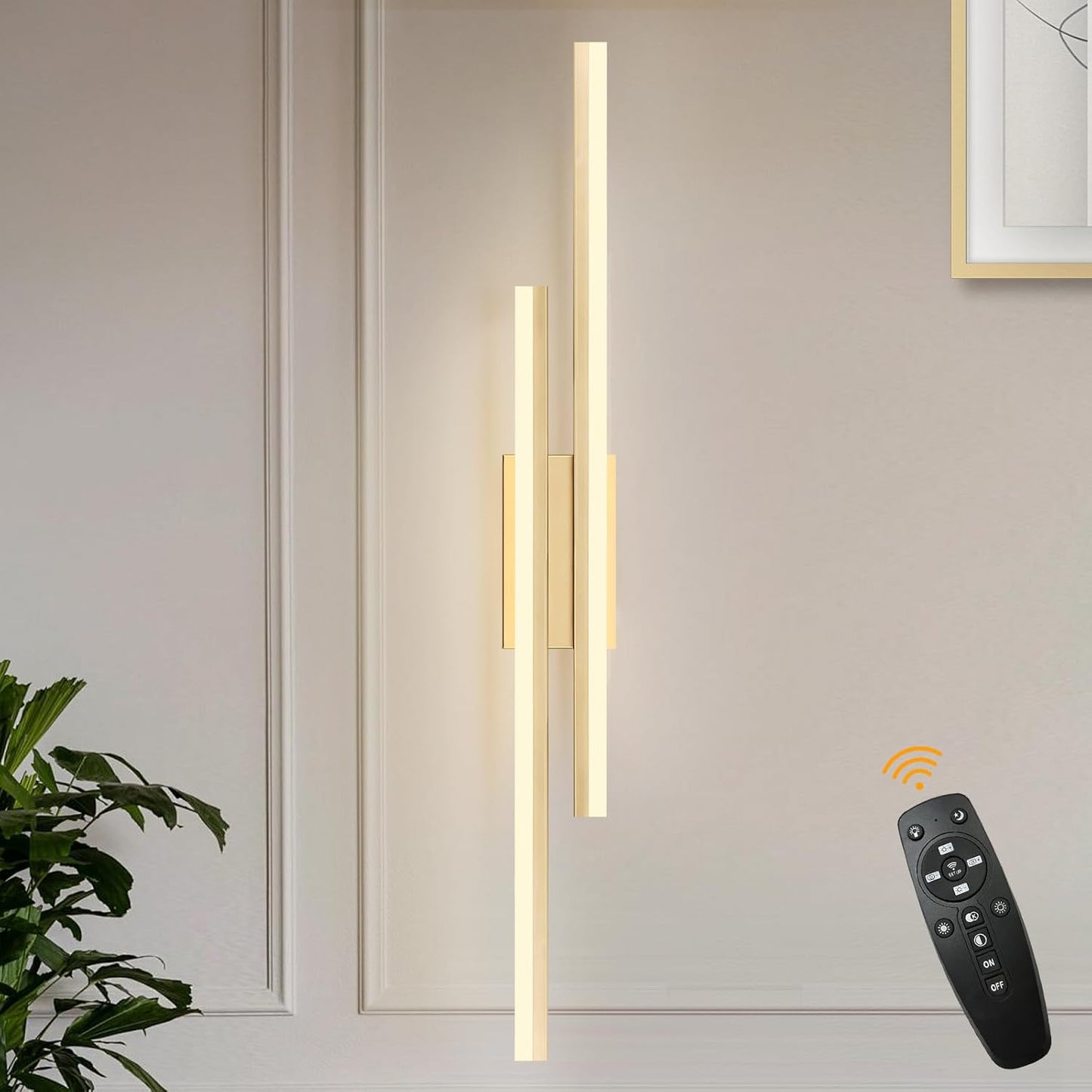 LED Wall Sconce Gold Modern Remote Wall Light Fixtures for Living Room, Dimmable LED Vanity Light Indoor Remote Wall Sconce for Bedside Bedroom Bathroom Dining Room, 39.4inch 1 Pack