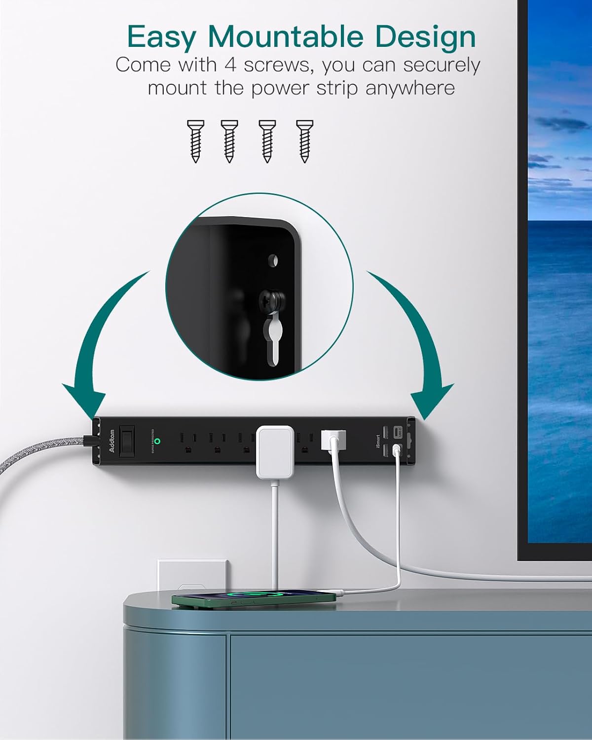 Surge Protector Power Strip - Extension Cord with Addtam 6 AC Outlets 4 USB (2 USB-C Ports), 1875W/15A, Flat Plug with Overload Surge Protection, Outlet Extender for Home Office Dorm Room Essentials