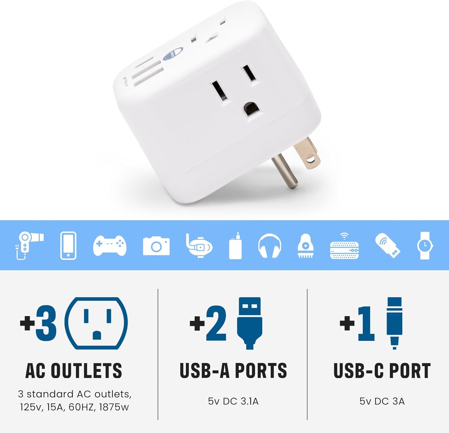 Cruise Approved Power Strip Foldable, Non Surge Protector Travel Power Strip, Multi Plug, 6 Outlets, 2 USB-A, 1 USB-C, & 3 AC Outlet for Carnival, Celebrity, Princess, & Major Lines in 2025 & 2026