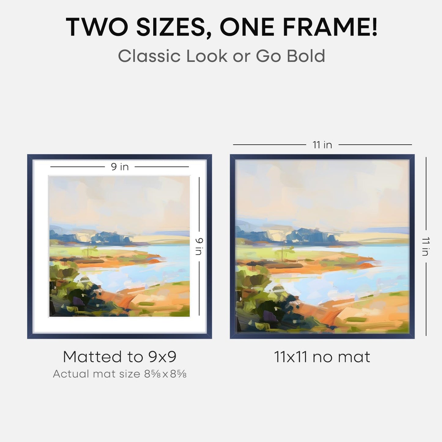 Homeforia 11x11 Navy Blue Picture Frame, High End Metal 11 by 11 Square Frames with Mat 9 x 9 Photo, 11by11 Poster Frame Matted to 9x9 inch Art, Wall Hanging Frames, Tempered Glass, Wall Kit, Set of 1