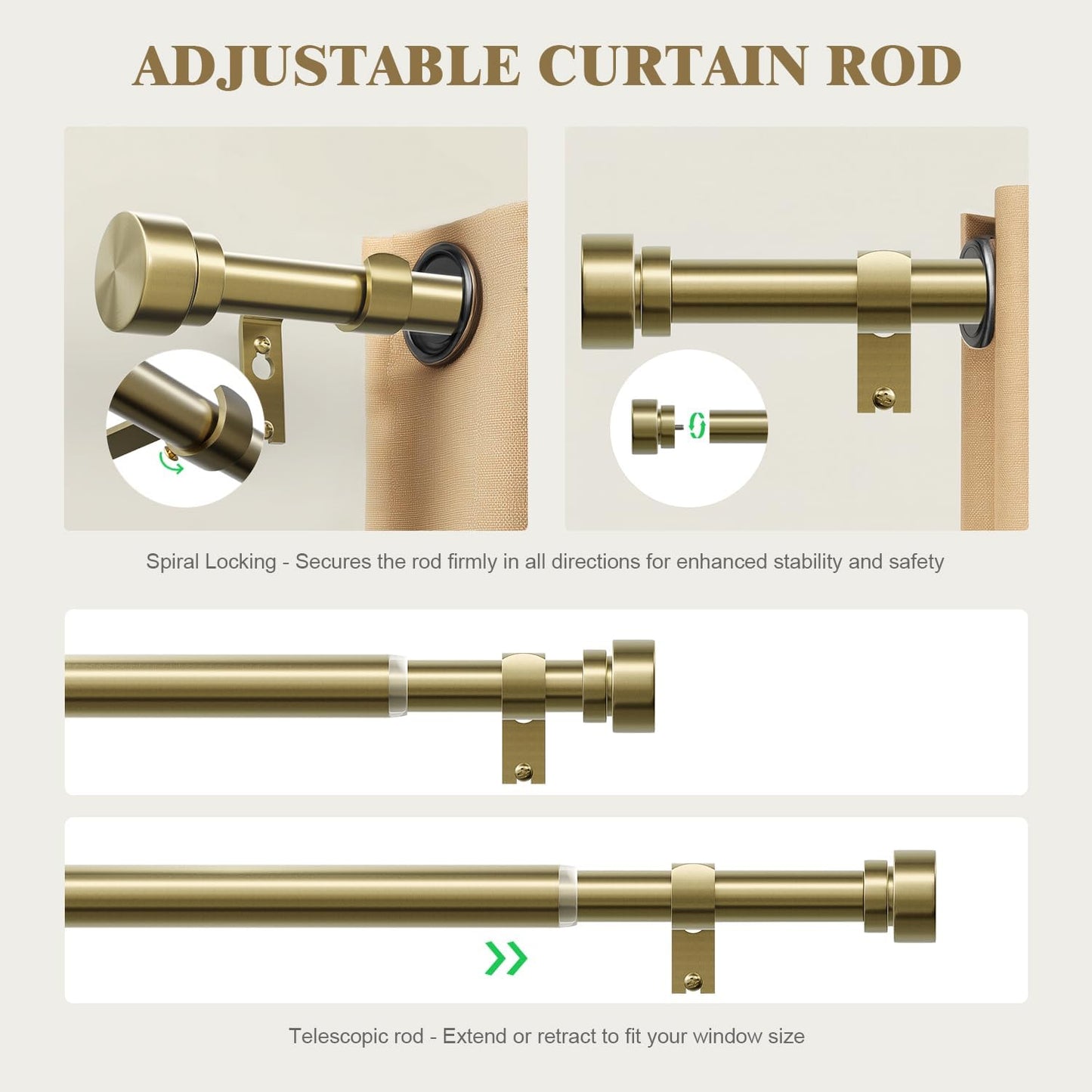 Oneach Heavy Duty Curtain Rods for Windows 28 to 48 Inch, 1 Inch Antique Gold Curtain Rod, Adjustable Length Rod with Metal Finials, Modern Decorative for Bedroom Kitchen Living Room (16 to 60 Inch)