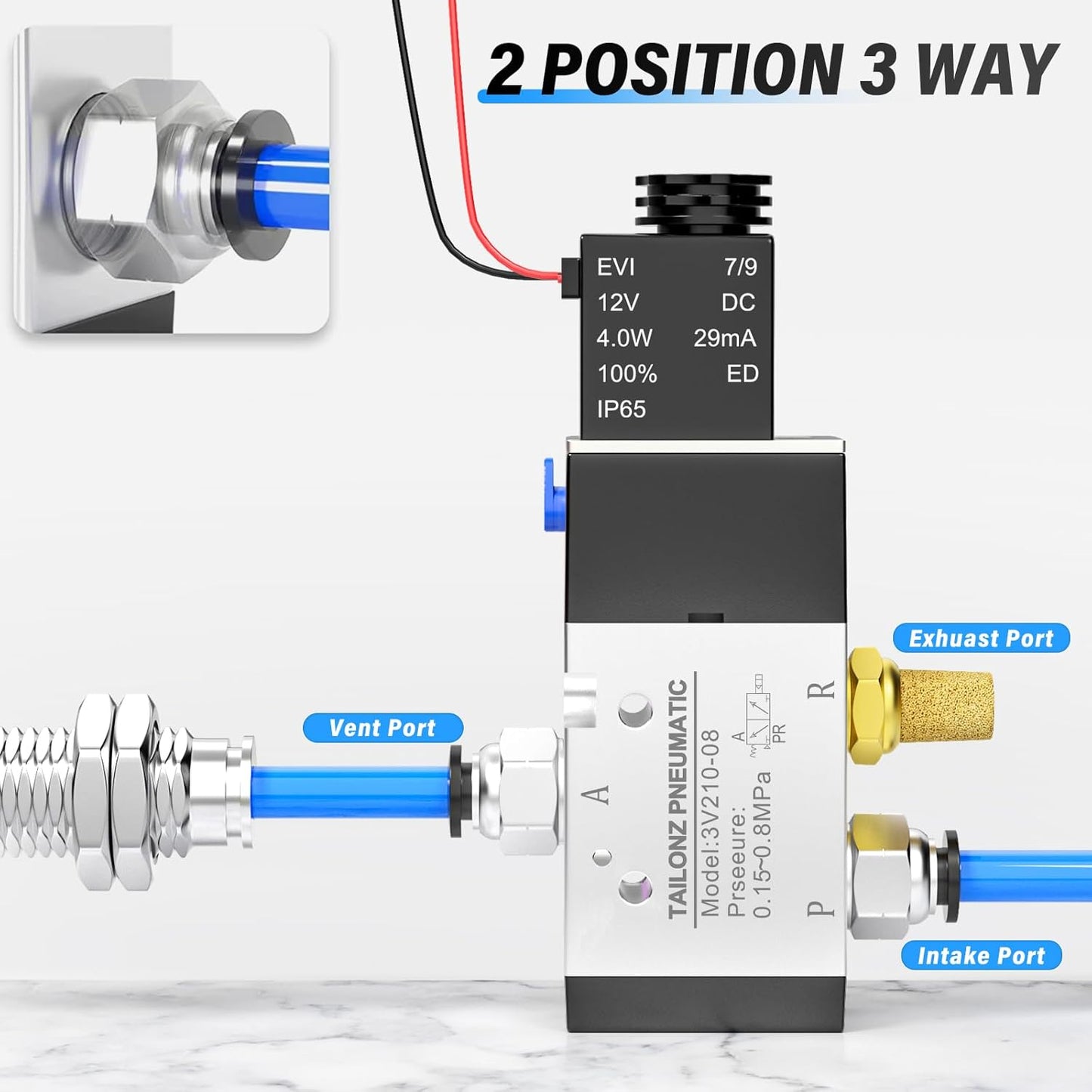TAILONZ PNEUMATIC 1/8"NPT Solenoid Valve 3V110-06 DC12V Single Coil Pilot-Operated Electric 2 Position 3 Way Connection Type (Outlet wire)