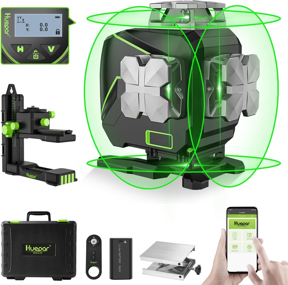 Huepar Laser Level 360 Self Leveling, 4x360° Green 4D Cross Line Laser with LCD Screen, Bluetooth Outdoor Pulse Mode Laser Tool for Construction -Remote Control, Li-ion Battery or 4 AA Batteries-S04CG