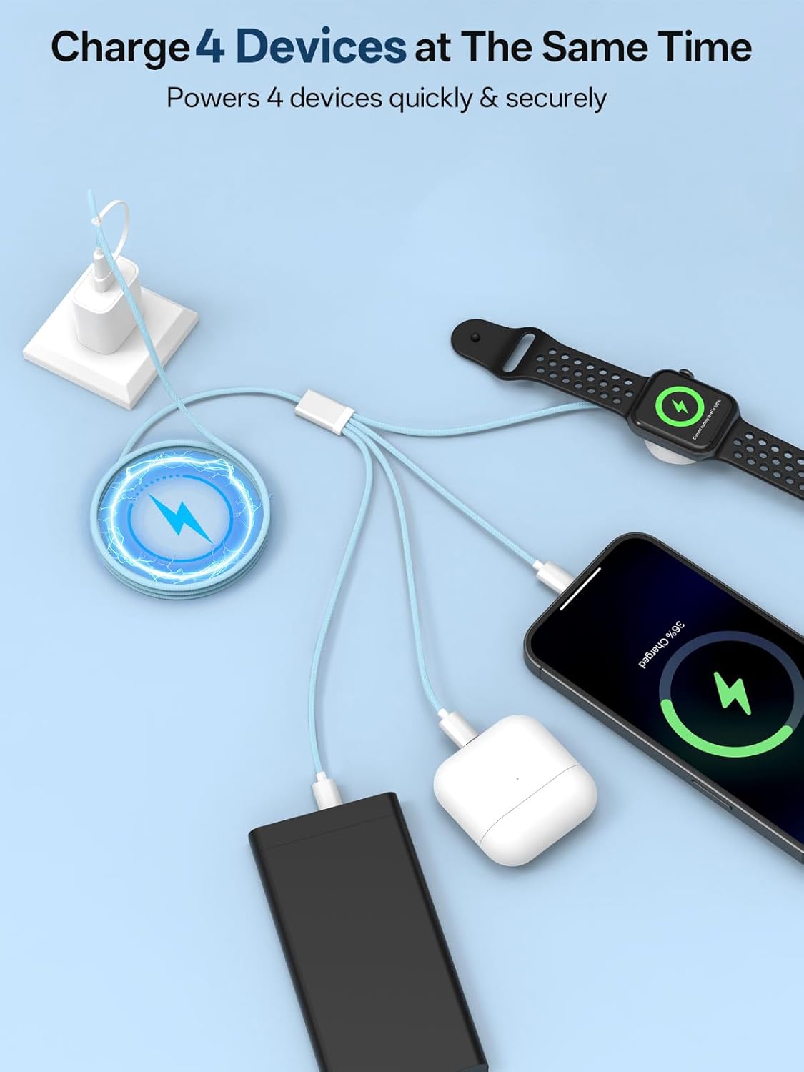 Travel Essentials, 4 in 2 Multi Charging Cable for Apple Watch Charger/iPhone Charger,USB C Cable Cord for iPhone 17-11/iWatch Ultra/10-2/Galaxy S25-S20, Android Phones, Kindle, MP3-Blue,4FT