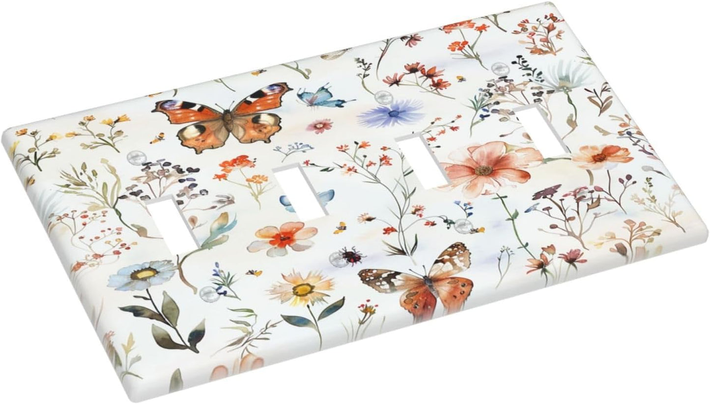 Light Switch Covers Butterfly Floral Boho Multicolor Flower Leave Quad Toggle Electrical Faceplate 4 Gang Wall Plate Decorative Switch Plates for Bed Room living Room Decor