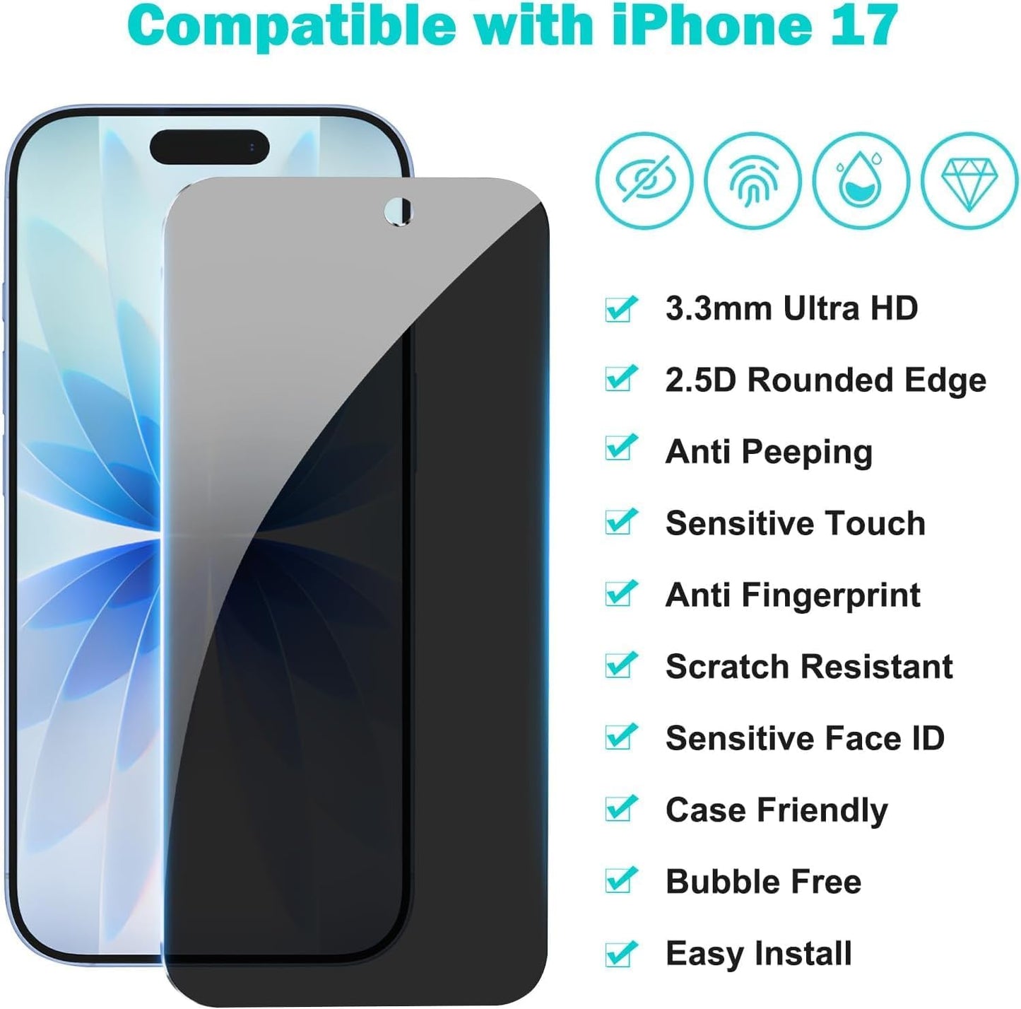 3 Pack for iPhone 17 Privacy Full Screen Protector +2 Camera Lens Protector 9H+ Tempered Cover Glass Military Grade Shatterproof Anti Spy Auto Installation kit