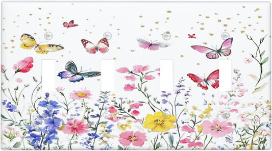Light Switch Covers Watercolor Floral Butterfly Colorful Wildflower Quad Toggle Electrical Faceplate 4 Gang Wall Plate Decorative Switch Plates For Bed Room Living Room Decor