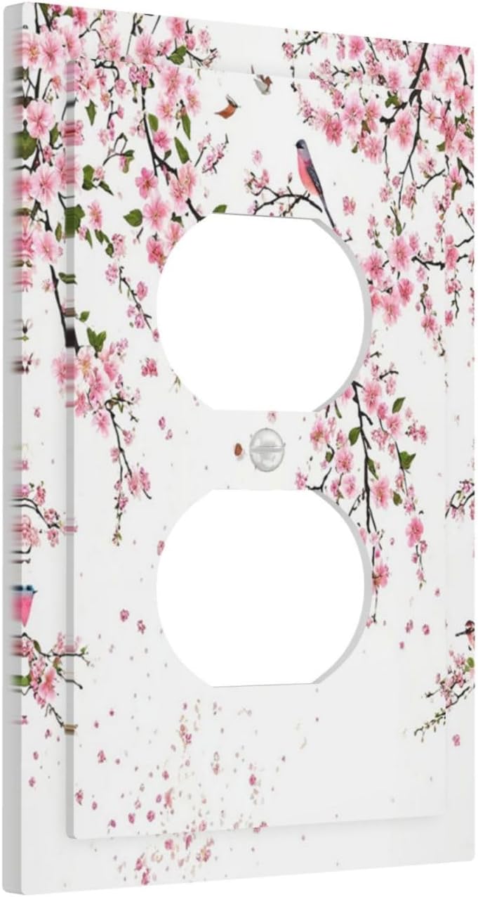 Decorative Outlet Covers Rustic Plum Blossom Pink Flowers 1 Gang Duplex Light Switch Cover Plate Unique Wall Plate Electrical Switch Plate Covers for Home Bedroom Decor （2 Pack）