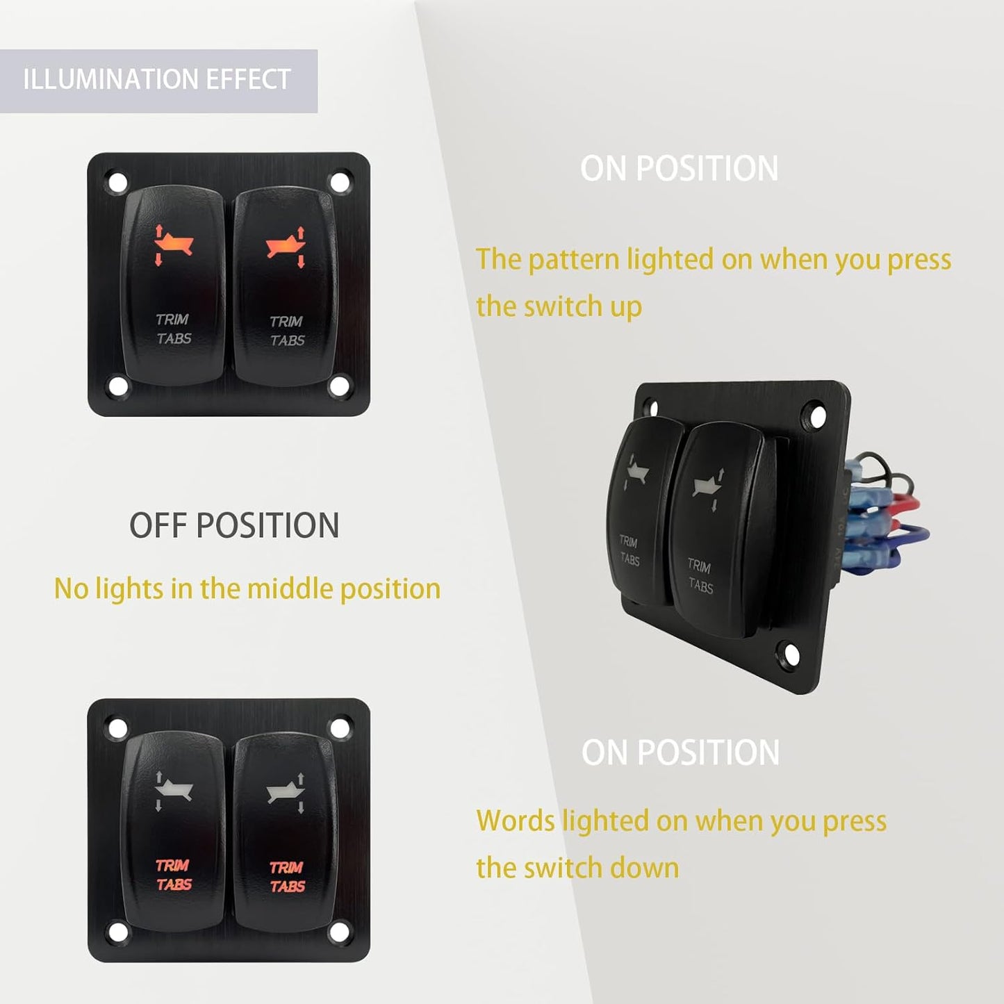 Orange Led Trim Tabs Panel (ON)-Off-(ON) Momentary Rocker Switch Panel 3 Way Toggle Switch Panel for Marine Boat Pontoon Yacht Console 12V/20A 24V/10A Waterproof IP68