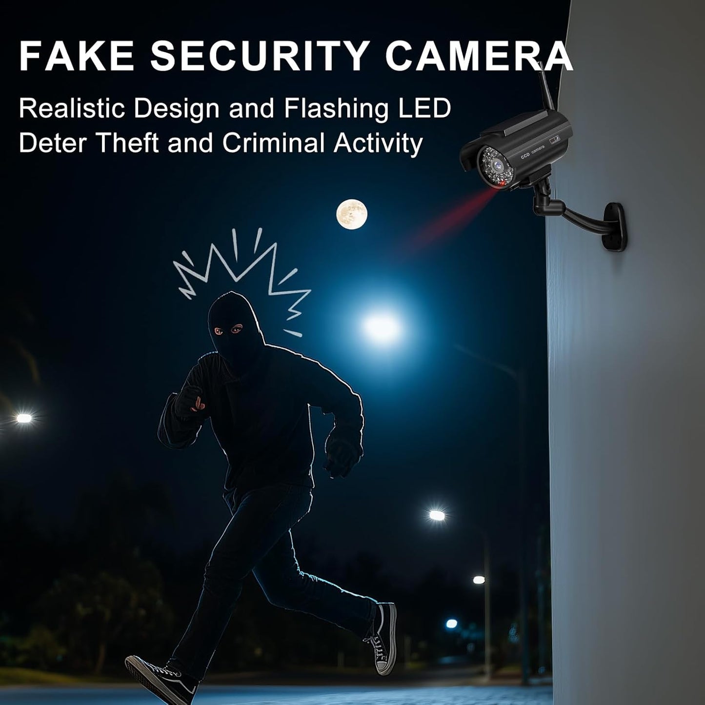 WALI Dummy Fake Camera, Solar Powered Fake Security Camera with LED Light, Simulated Surveillance Security CCTV Dome Cameras with Antenna and Warning Sticker Indoor Outdoor (SOL-TCB4), 4 Packs, Black