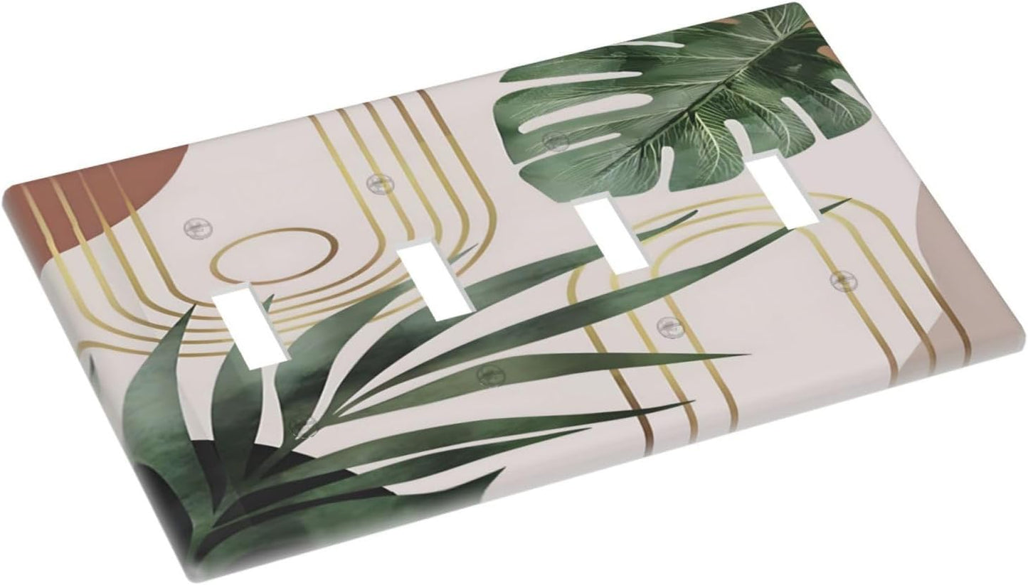Decorative Light Switch Plate Covers Boho Mid Century Abstract Arch Green Leaves 4 Gang Light Switch Cover Plate Quad Toggle Wall Plate Outlet Covers for Bedroom Home Decor