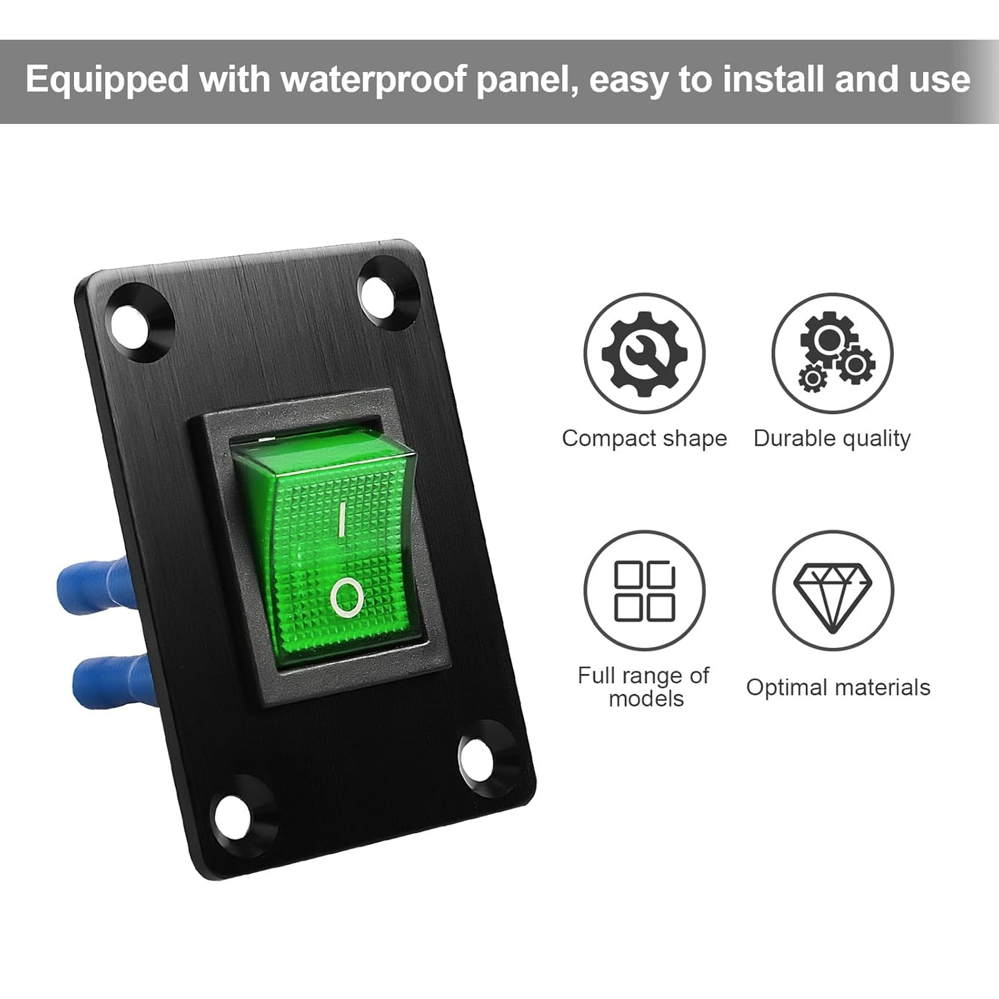1Pcs Green LED KCD4 Boat Rocker Switch 2-Position 4-Pin DPST Panel Switch 16A 250VAC 20A 125VAC, with 6pcs FDFD2-250 Blue Terminals, CE