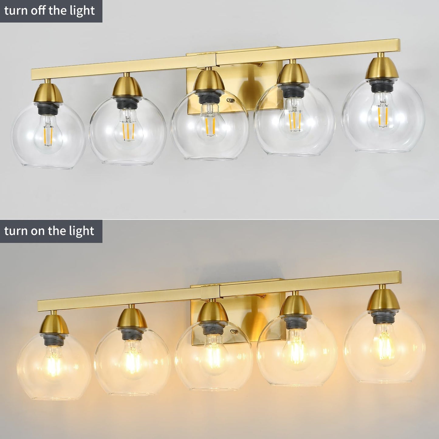 5-Light Bathroom Light Fixtures, Gold Vanity Light with Ultra-Clear Hand-Blown Glass, Durable & Scratch-Resistant, Wall Lamp for Mirror, Bedroom, Hallway