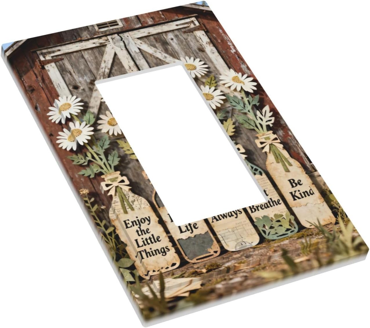 Rustic Daisy Barn Door Flowers 1 Gang Single Rocker Decorative Light Switch Covers Electrical Faceplate Switch Plates for Bathroom Kitchen Home