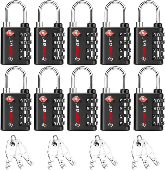 Forge Dual-Opening: Key or Combination Lock, TSA Approved Lock for Luggage, Pelican case, Travel, Gym, School, Luggage Combination Lock, Travel Bag Lock (Black 10 Pk)