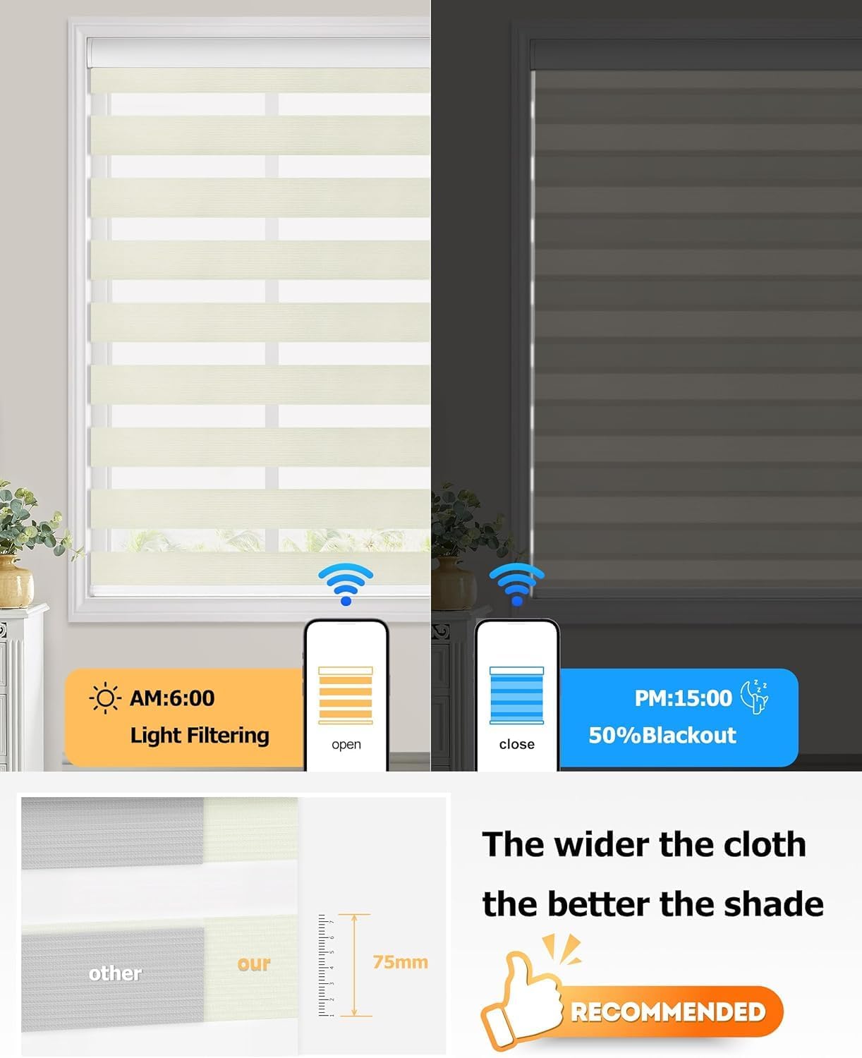 LazBlinds Motorized Zebra Roller Shades, Rechargeable Smart Blinds with Remote Control, Custom Size Light Filtering Dual Layer Roller Sheer Shades, Cream