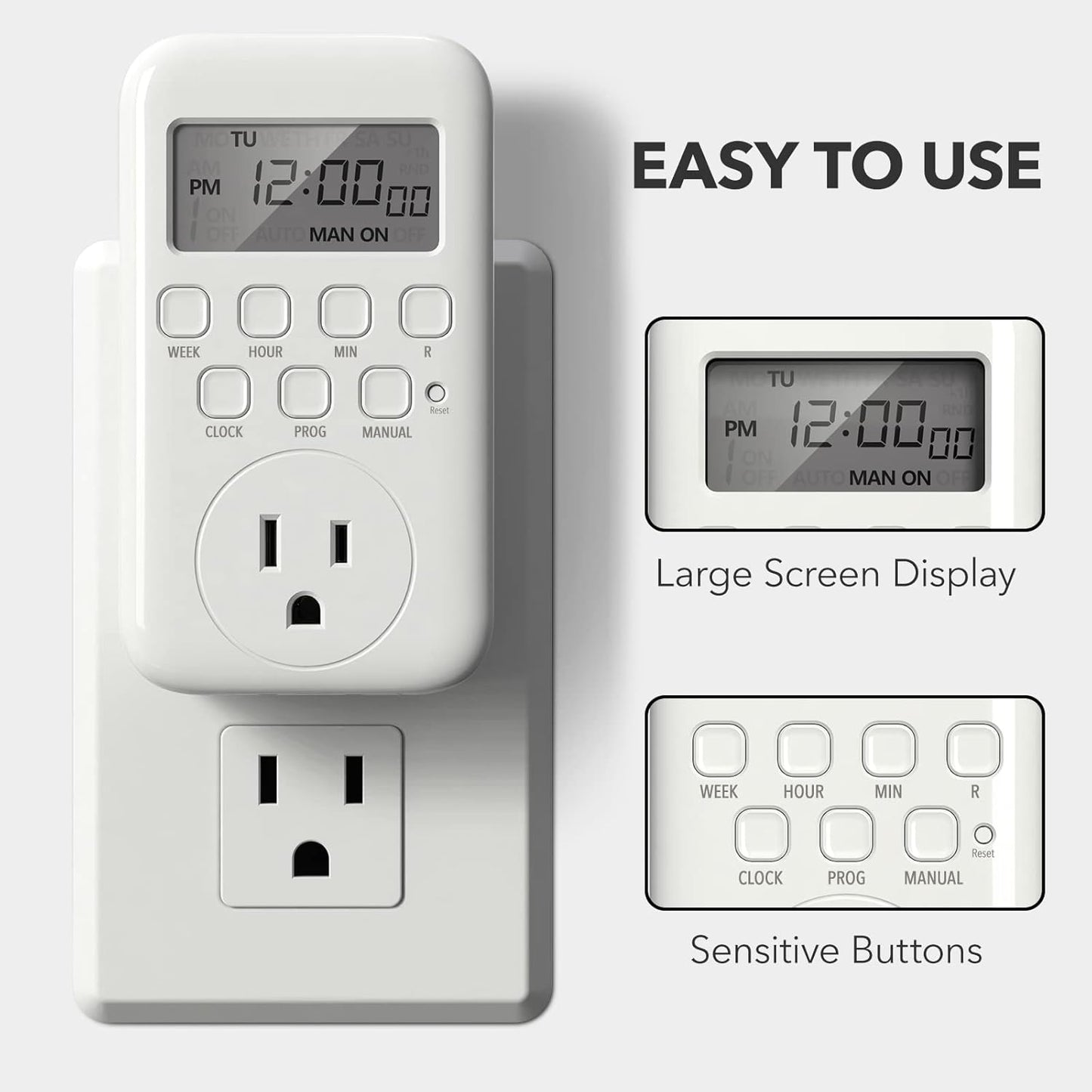 BN-LINK Indoor Digital Timer Outlet, Single Outlet 7 Day Programmable Light Switch, 3 Prong Plug in Timers for Electrical Outlets, Lamps, Fans, 8 On/Off Programs, 1 Pack, 15A/1875W, ETL Listed