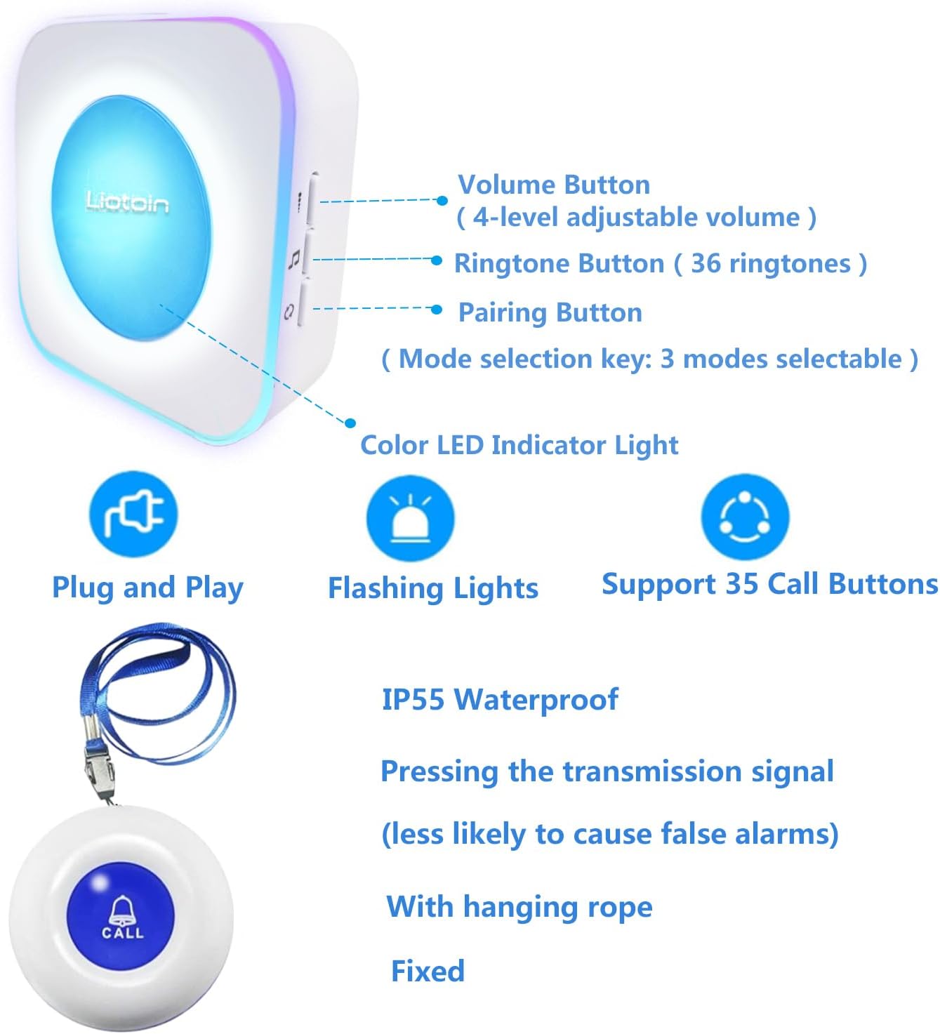 Caregiver Pager Wireless Call Button Call Bell Alert Button Nurse Alert System for Elderly/Patients/Disabled Call Light System 600+ft Operating Range (with Color Light Flashing Reminder) ﻿