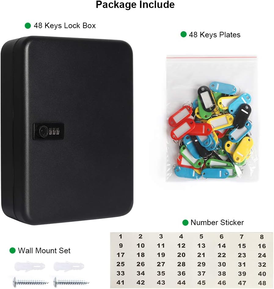 Jssmst Wall Mount Key Storage Box with Code, Locking Key Cabinet Security, 48 Key Hooks & Tags Labels, 11.81 x 9.45 x 2.95 inches, Black Matt