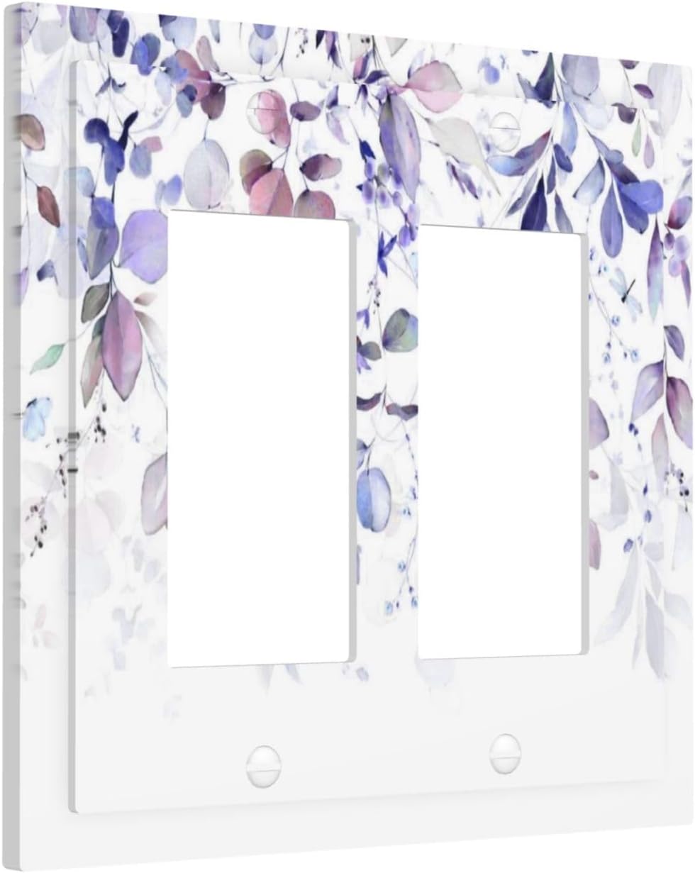 Purple Eucalyptus Watercolor Floral Rustic Leaf Decorative Outlet Covers 2 Gang Double GFCI Rocker Electrical Wall Panels Light Switch Cover Plate for Farmhouse Home Decor