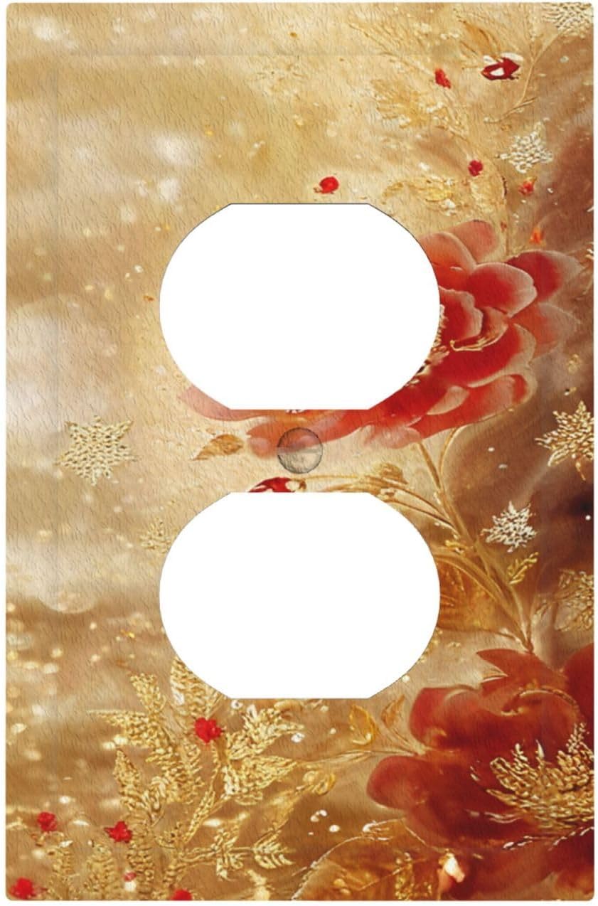 Decorative Outlet Covers Golden Leaf Red Peony Flowers Floral 1 Gang Duplex Light Switch Cover Plate Wall Plates for Electrical Outlets Switchplate Faceplate for Home Decor