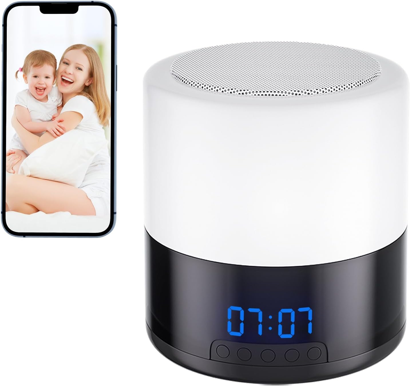 Security Camera Indoor for Home - Bluetooth Speaker - Homekit Camera - 1080P Clock Camera with 160°Rotating Viewing Angle - Night Light - AI Motion Detection