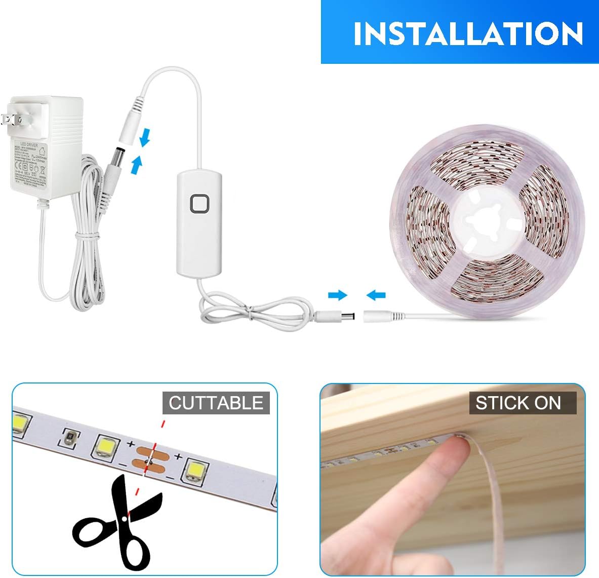 MYPLUS 65.6FT White Strip Lights, Dimmable LED Tape Light 6500K Bright Daylight White, Flexible Under Cabinet Lights with 1200 LEDs and UL Listed Safety Power Supply for Room,Kitchen and décor
